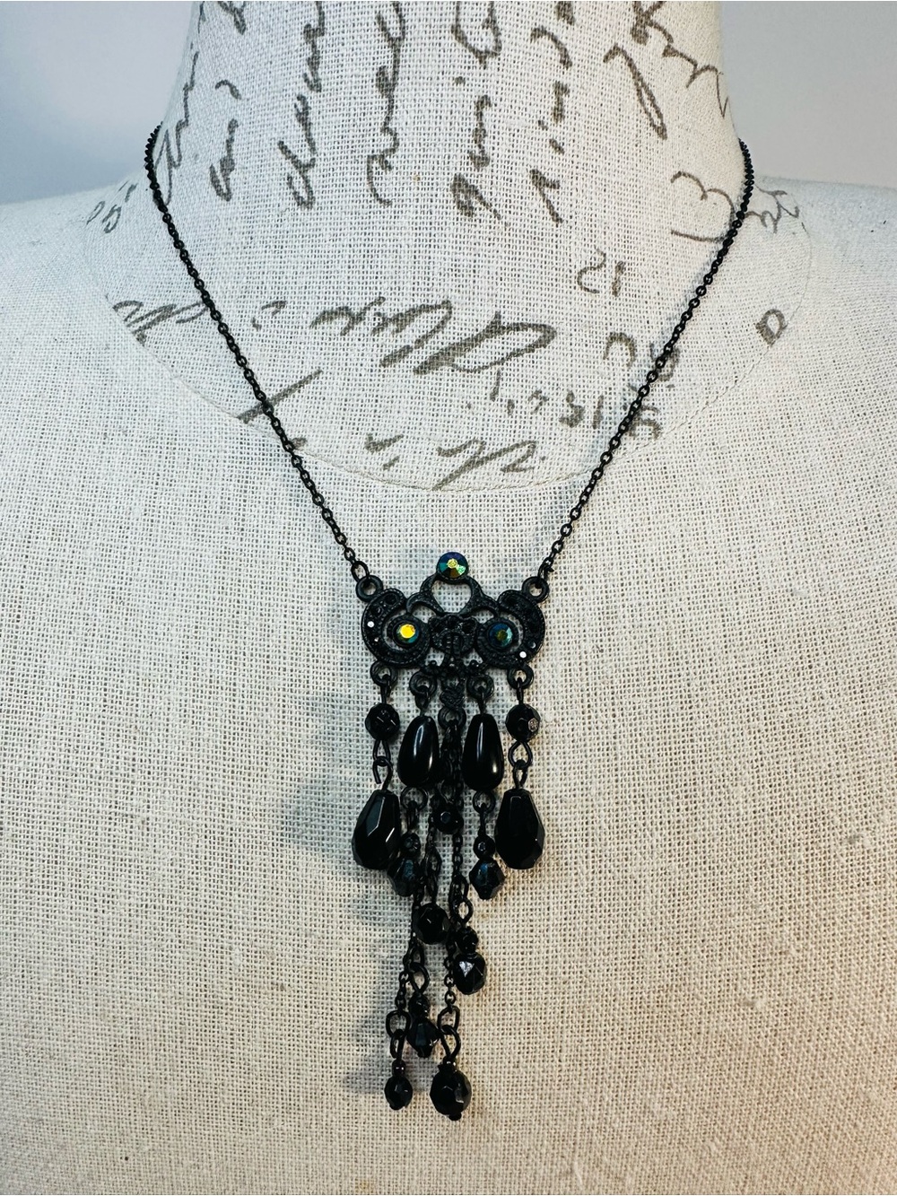 Black Dangle Fringe Necklace with Aurora Accent Crystals and Black Beads